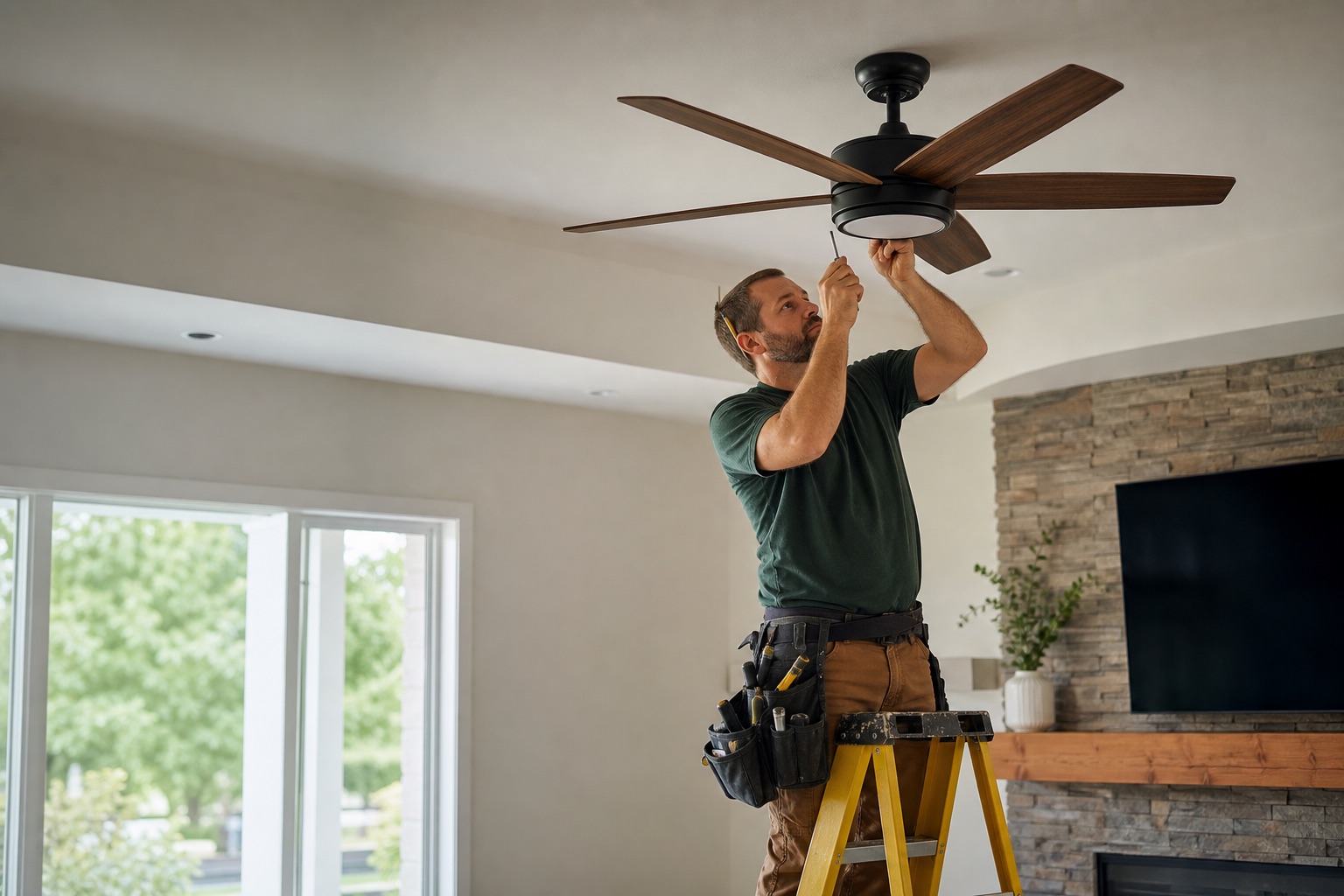 Electrician installing a contemporary ceiling fan in a bright living room
