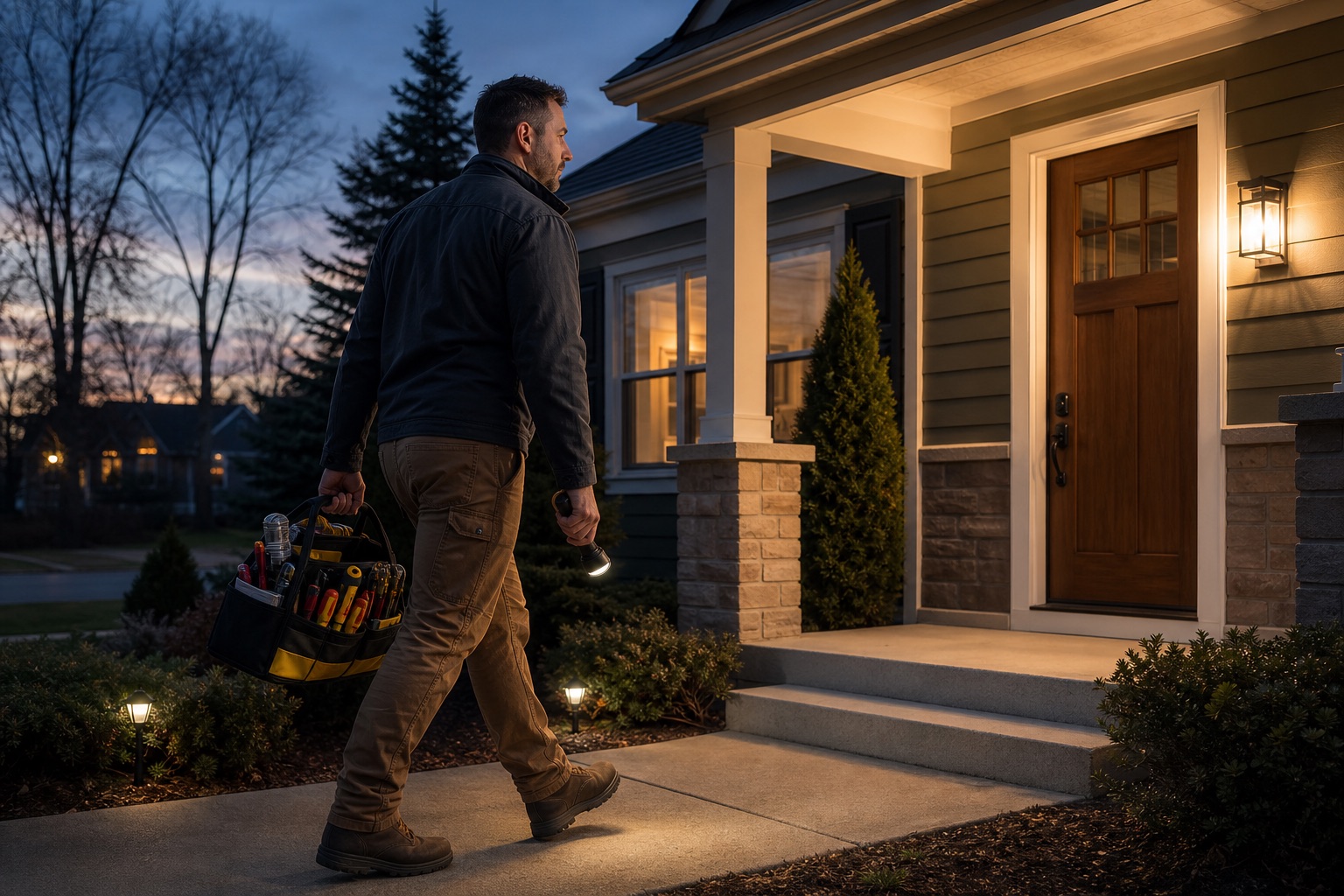Electrician arriving at a suburban Michigan home after dark with a professional tool bag
