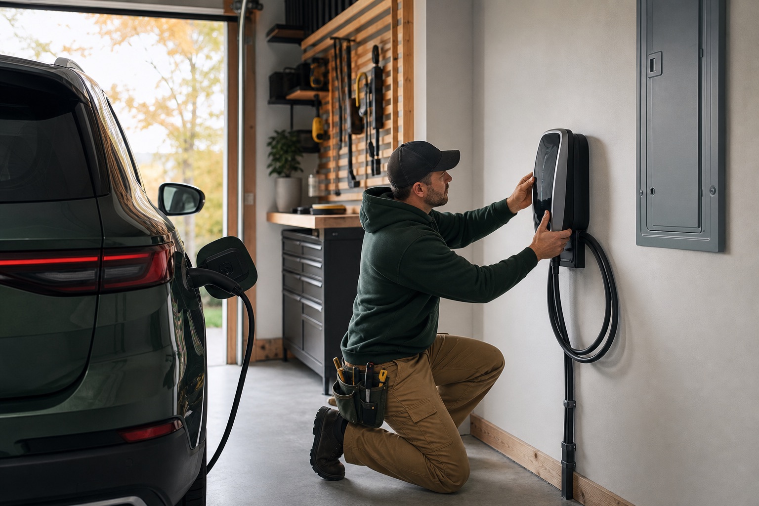 Electrician mounting a Level 2 EV charger on a residential garage wall