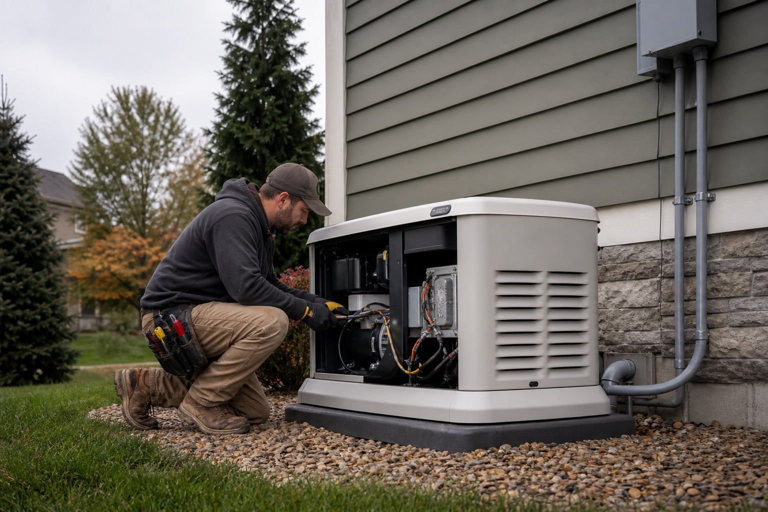 Electrician preparing a standby generator installation beside a suburban home