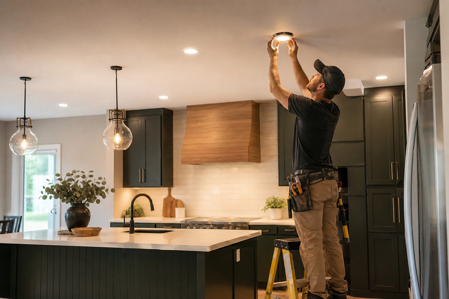 Electrician installing warm recessed LED lighting in a remodeled kitchen
